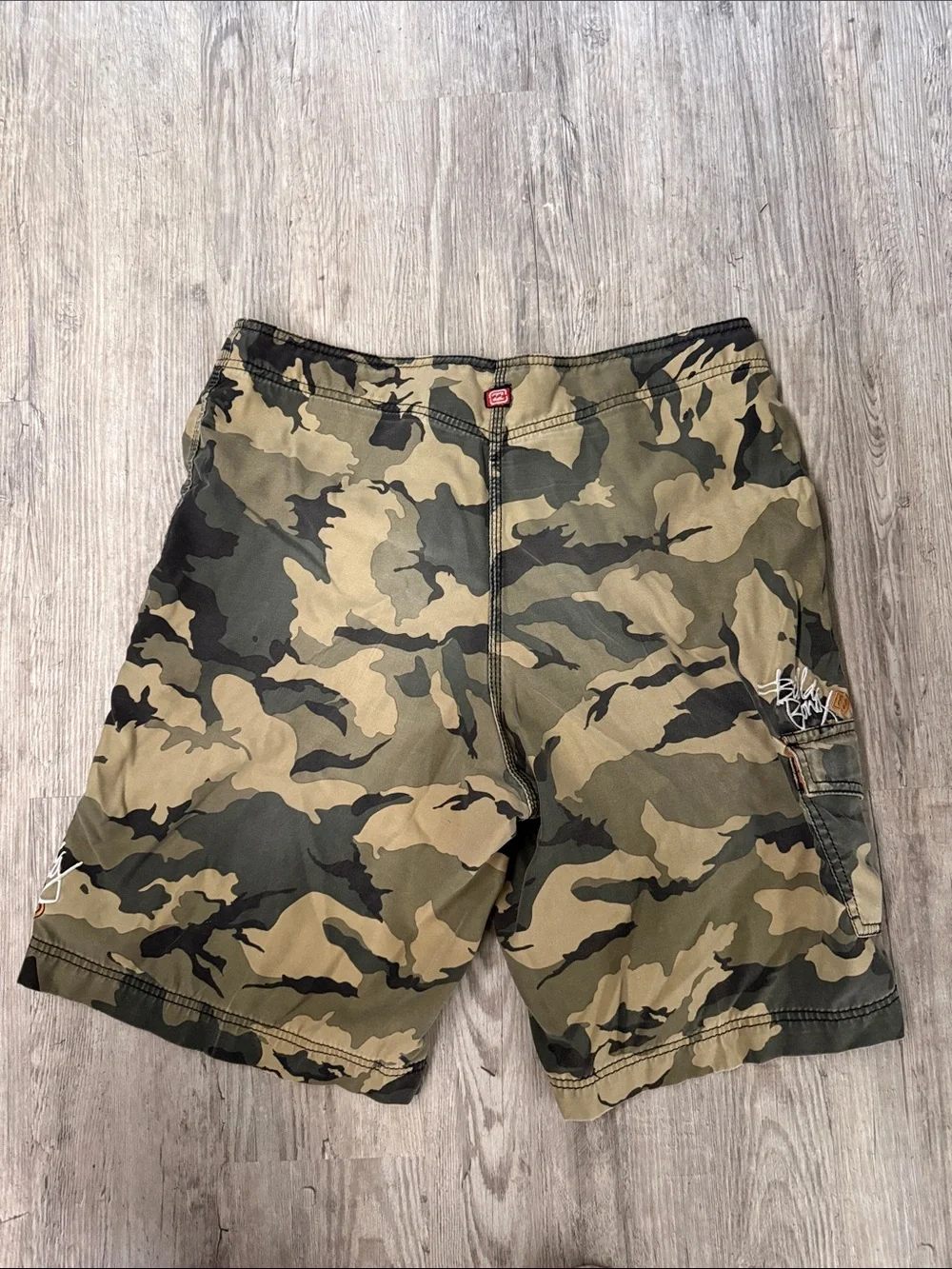 Billabong Green and Tan Camo Cargo Shorts with Orange Waistband
